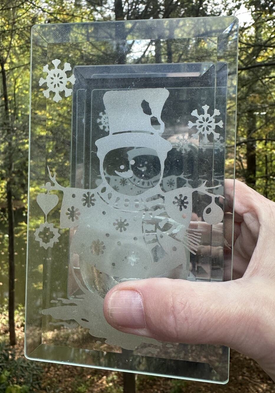 Vintage ArtMark Beveled Mirror Glass Candle Holder Snowman Etched -S64